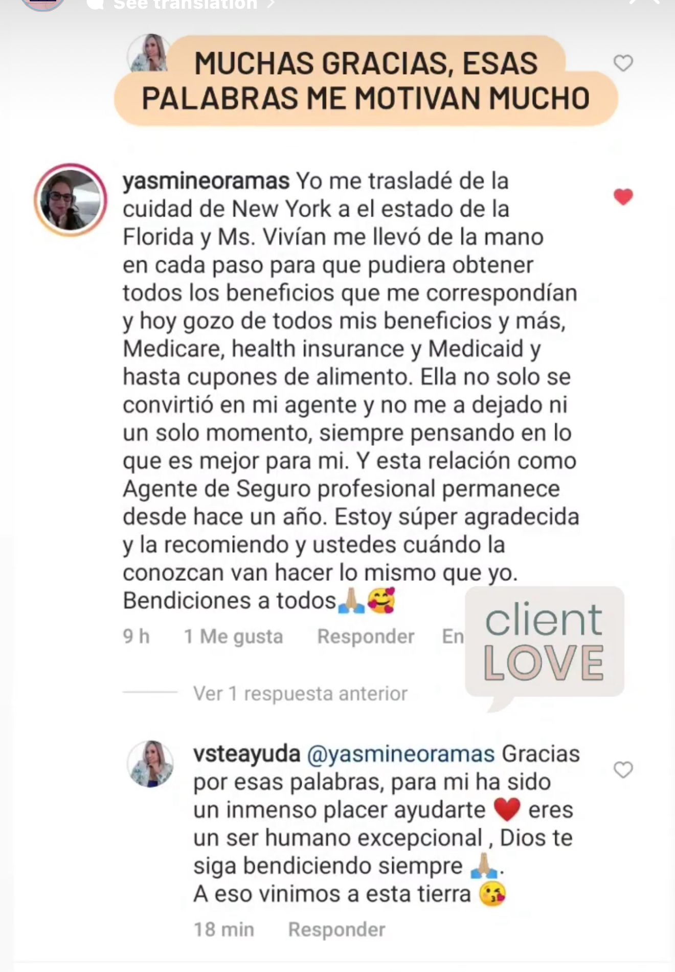 Yasmin Oramas Instagram comment praising Vivian Soto