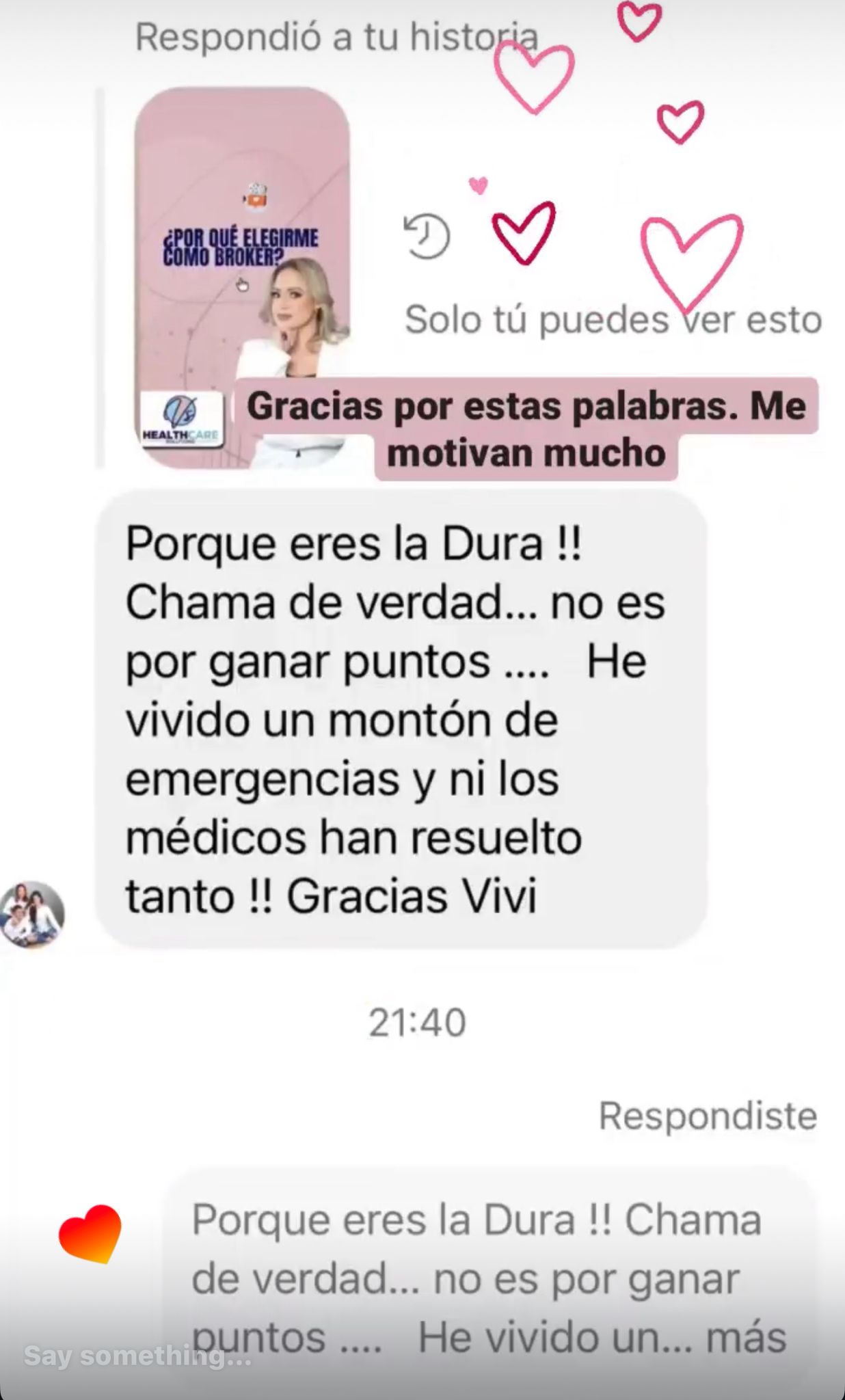 Client direct message thanking Vivian Soto