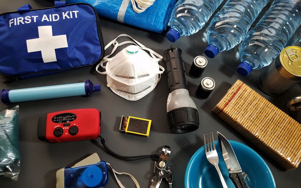 Emergency preparedness kit with supplies and medications for a Florida hurricane season
